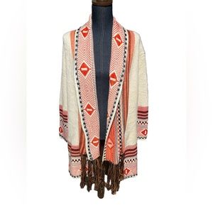 MAXSPORT Southwestern Aztec fringe open front cream orange cardigan size large
